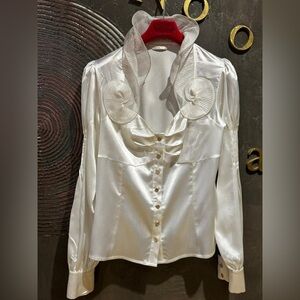 Elegant Victorian White Satin blouse size M